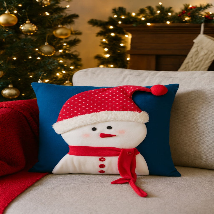 Cojín Navideño Muñeco de Nieve Rojo Promoción